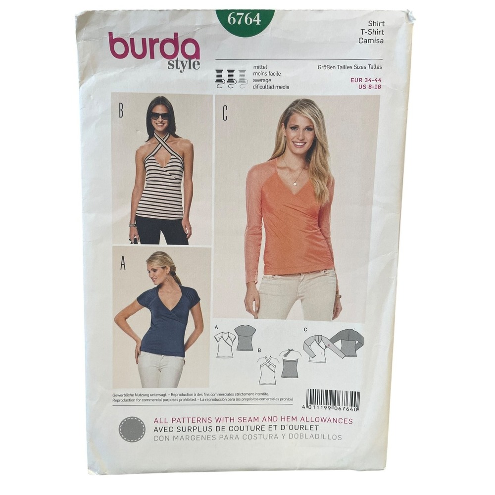 Burda Style 6764 Shirt T-Shirt Top Pattern Women US 8-18 Wrap Halter Uncut FF